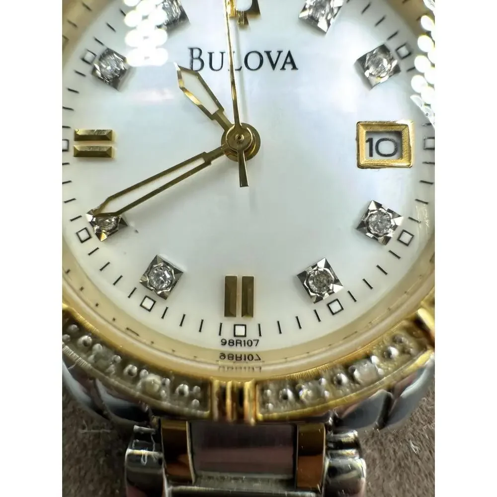 Bulova Watch Women 26mm Silver Gold Tone 98R107 MOP Diamond with New Battery  VG